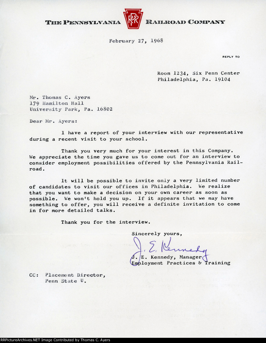 PRR Rejection Letter, 1968